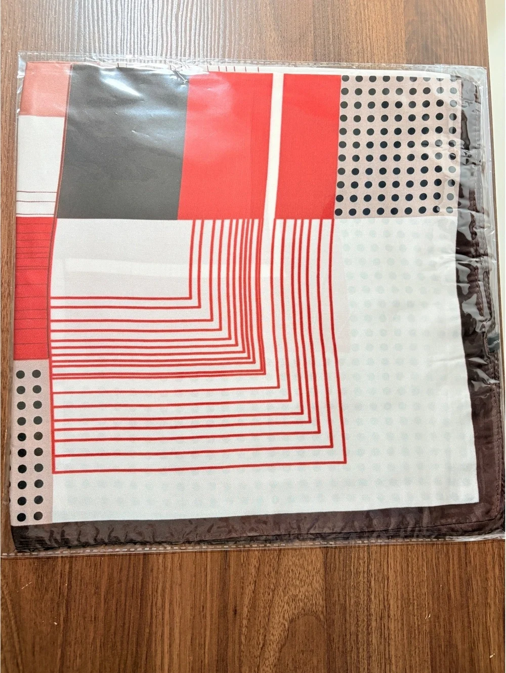 Elegant Geometric Pattern Scarf in Red, White, Brown, and Black – Lightweight,